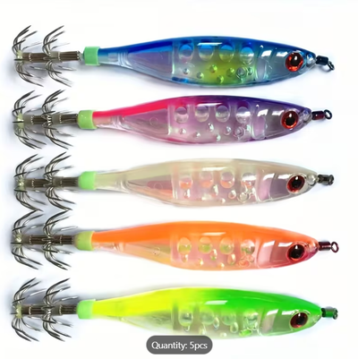 Brand-new - 5pcs Luminous Squid Hooks, Wooden Shrimp Sea Fishing Lures for Squid and Octopus, Laser...