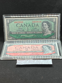 1954 $1 and $2  dollar Canadian bill, uncirculated mint