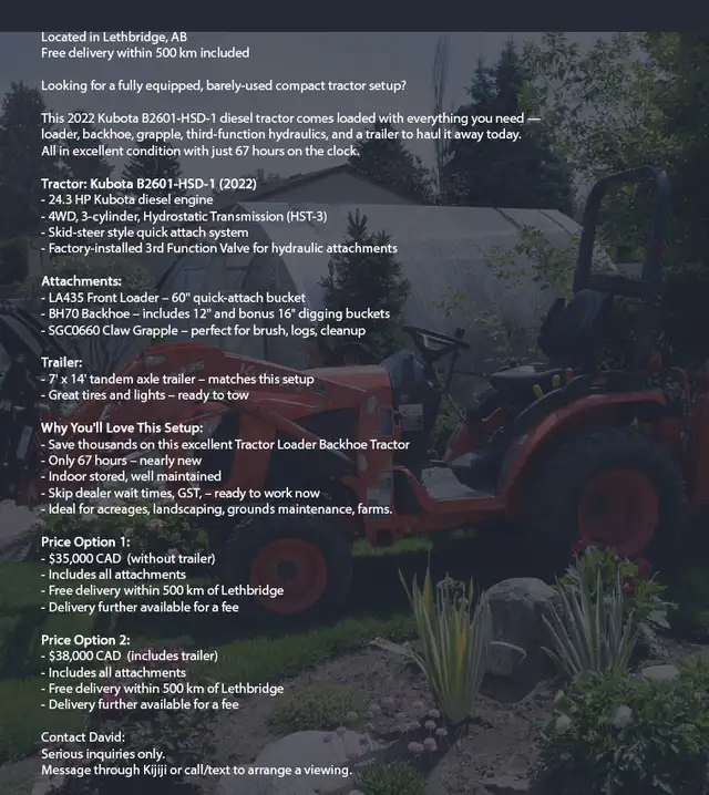 KUBOTA B2601 Tractor Package – Backhoe, Loader, Grapple – 67 Hrs in Farming Equipment in Lethbridge - Image 7