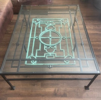 Vintage French Iron Architectural Fragment Glass Coffee Table.