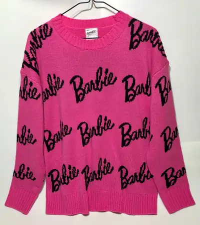 Available if posted. Hot pink with black logo Barbie sweater. Mattel 2018. Women’s size large. Stret...