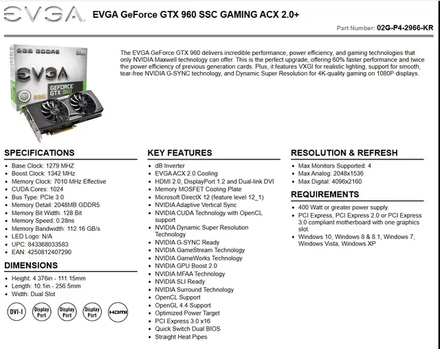 EVGA GeForce GTX 960 SSC GAMING ACX 2.0+ in System Components in City of Toronto - Image 2