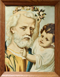 Antiquité. Art religieux Grand cadre en bois: St-Joseph et Jésus