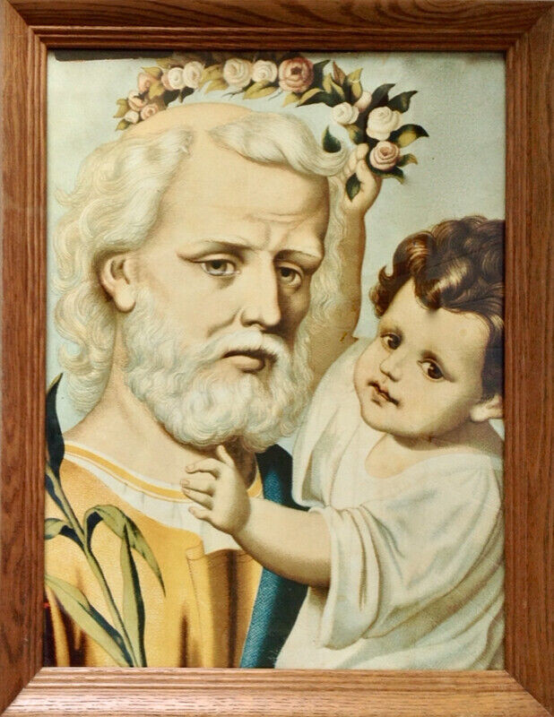 Antiquité. Art religieux Grand cadre en bois: St-Joseph et Jésus in Arts & Collectibles in Lévis
