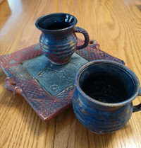 Designer handmade pottery - plate and two mugs