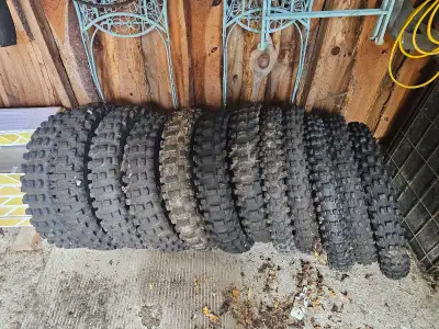 7 rear tires - 120 wide mostly Dunlop MX33 5 front tires - 90 or 80 wide mostly Dunlops Tires are ar...