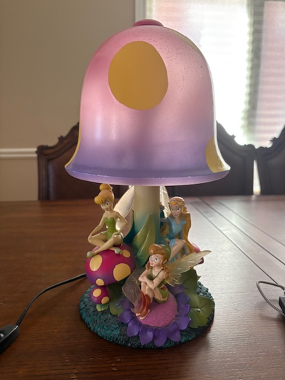 Rare Disney Tinkerbell and Friends Fairies Glass and Ceramic Mushroom Lamp, Fully Functional, Very G...