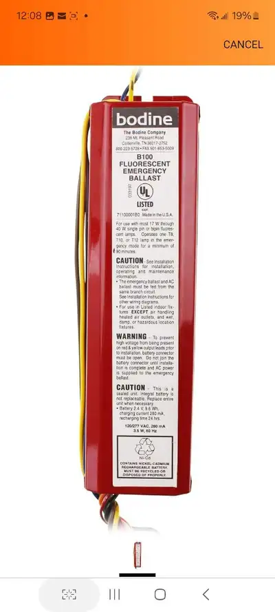 Bodine B100 - Emergency Backup Battery - 90 min. Operates 17-40, View more