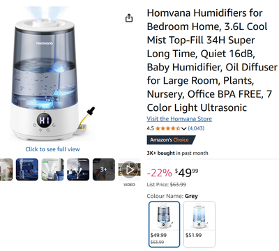 Homvana Humidifier 3.6L Cool Mist Top-Fill, Oil Diffuser, RGB li, View more