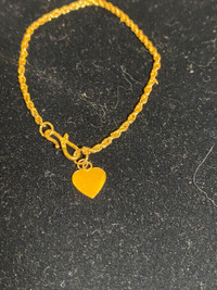 Bracelet W / Heart Charm & Flat Beaded Chain 22K Gold