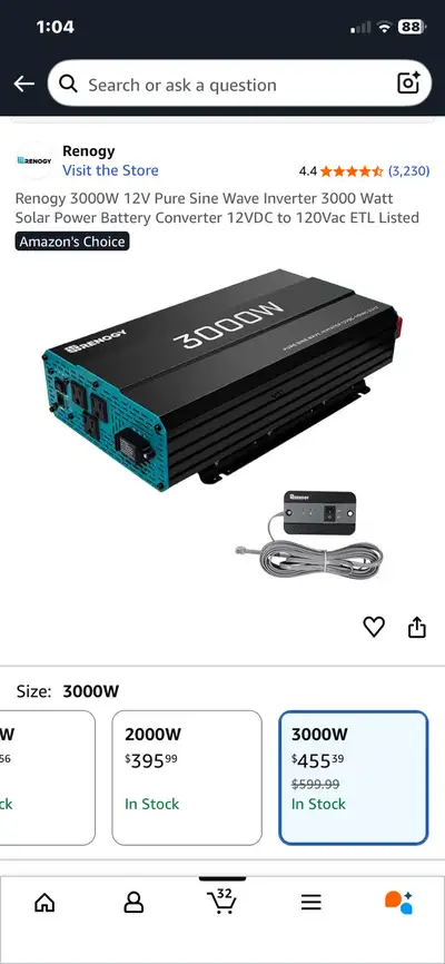 Renogy 3000W, Pure Sine Wave Inverter, View more