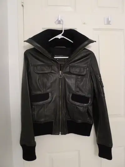 Women black leather jacket, View more
