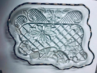 Holly Christmas Sled Pattern Clear Glass Dish With Golden Rim