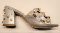 Metallic Silver, Pearl embellished, chunky heeled sandals (size