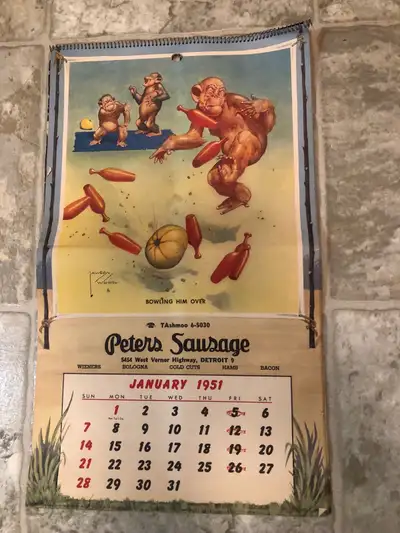 Vintage antique 1951 Calendar Peters Sausage Lawson Wood, View more
