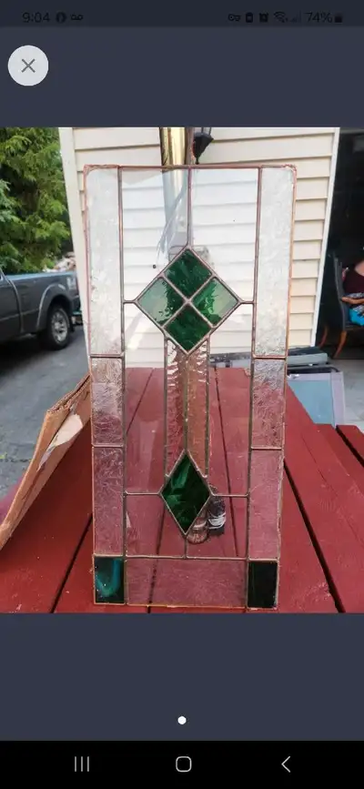 Nice pattern and stained glass insert. I believe lead caming . Also has pattern glass .