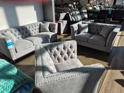 This is a brand new, elegant 3-piece sofa set that includes a sofa, loveseat, and armchair, all upho...