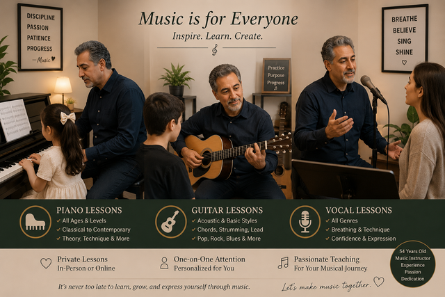 "Affordable piano, guitar, and vocal lessons—$20/h. First lesson