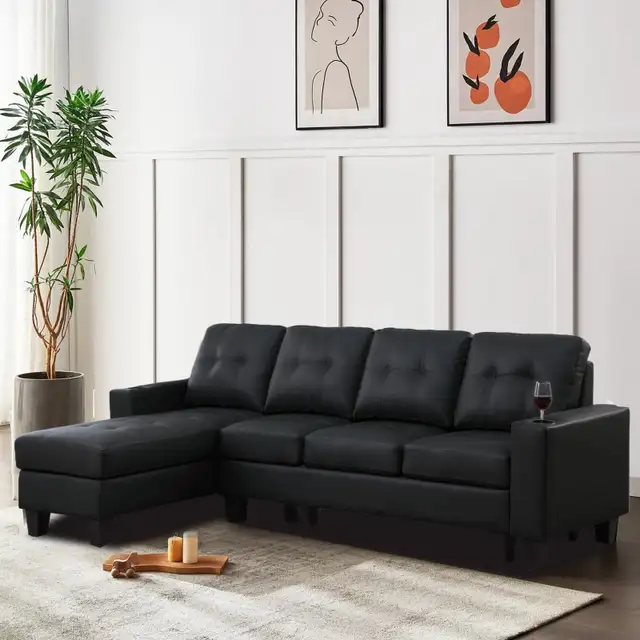 New Reversible Sectional Sofa - Black in Faux Leather Now Sale in Couches & Futons in Brockville - Image 3