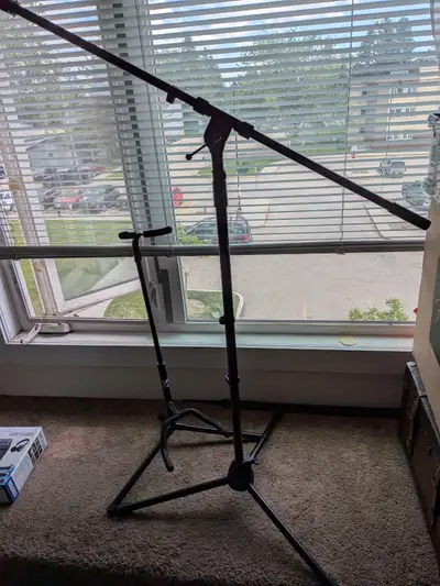 2 microphone boom stands and mic, View more