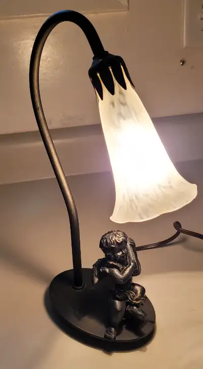 Vintage  Frosted Glass Tulip Lamp with Cherub, View more