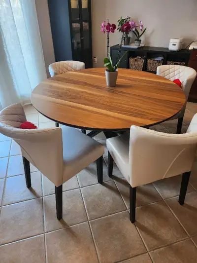 53in (135cm) dining table (+6 faux leather chairs), original price over $2500, imported from US. Pic...