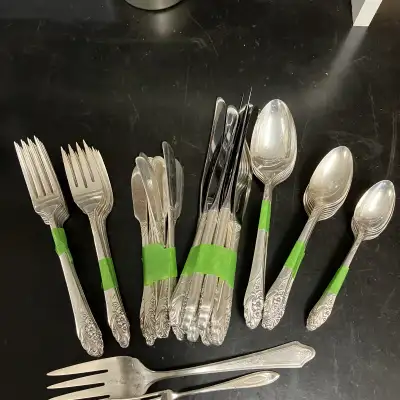 1950 vintage Oneida flatware - silver plated. 8 place settings of 6 utensils - 2 forks, 2 spoons, kn...