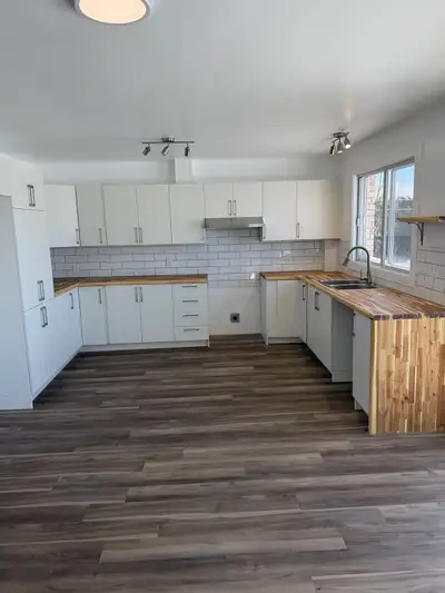Rez-de-chaussée d’une grande maison complètement rénové cuisine et salle de bain, plancher fenetres...