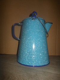graniteware enamelware coffee boiler or pot with a wire handle
