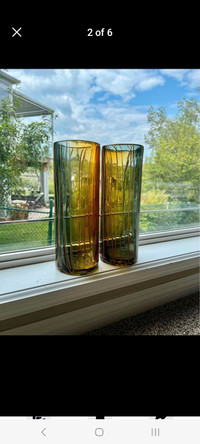 2 Tall 13.5" Majestic Hand-blown Spaghetti Art Vases Amber 