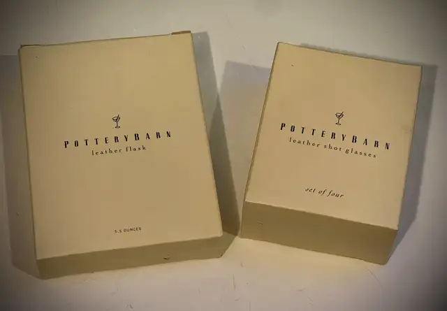 Pottery Barn Leather Flask and Pottery Barn Leather Shot Glasses in Kitchen & Dining Wares in Kitchener / Waterloo - Image 11