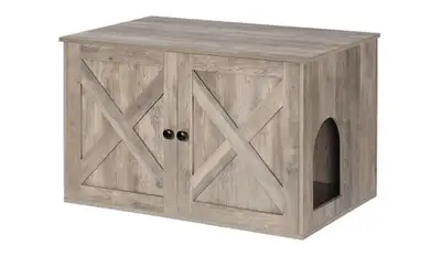 Rustic Cat Litter Box Enclosure with Barn Doors, View more
