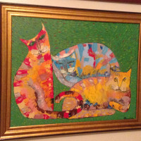 Oil Canvas With Frame Signed Three Cats