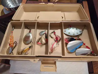 Fishing Tackle Box with Vintage Spinners., View more