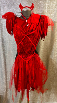 Women’s Devil Costume Dress with Horns & Long Gloves - M - L