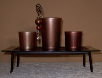 BROWN GLASS TRAY & 3 GLASS CANDLE HOLDERS ETC.