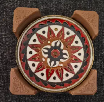 Vintage 1960s enamel painted cloissonei  9 pc  coaster set, View more