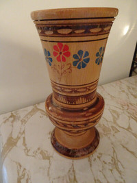 Hand carved and hand painted wood vase Vintage