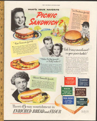 1947 color magazine ad for Enriched Bread with Eleanor Roosevelt