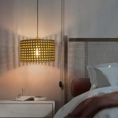 Plug-In Pendant Light – Mid-Century Metal & Rattan Design, Hangi, View more