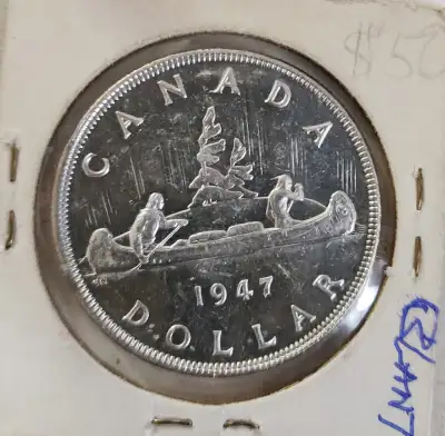 Uncirculated 1947 Canadian Silver $1 Dollar (Blant Variety) Coin, View more