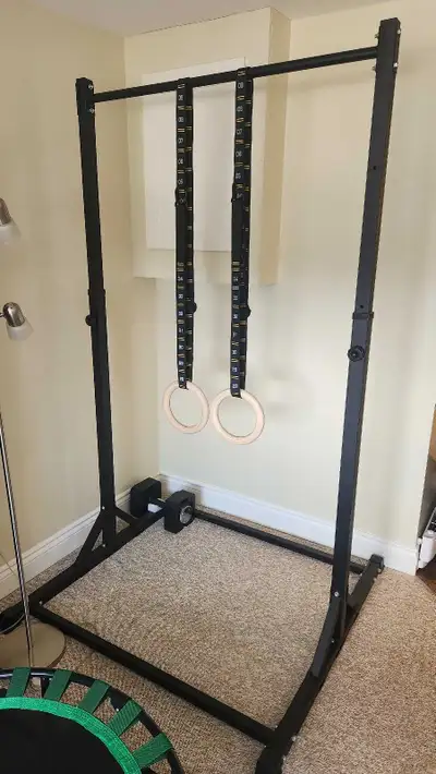 Freestanding, adjustable pull up bar with rings, View more