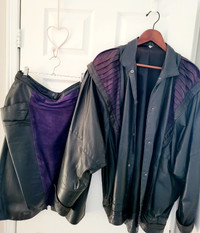 Women's Vintage Jacket &amp; Skirt Black Purple Leather Suede XL