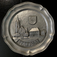 BEAUTIFUL RARE HIGH RELIEF PEWTER PLATTER, STAFFORT GERMANY -$35