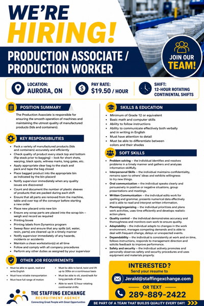 Production Worker vacancy in Aurora. 19.5 per hour salary, View more