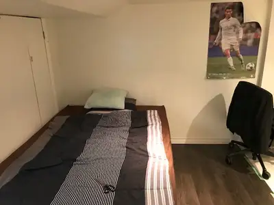 Offering a furnished room with desk, office chair, bed side table, bed andcloset. Furnished dining a...