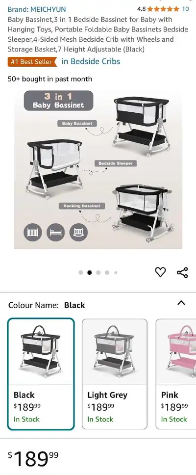 Adjustable height 3 in 1 baby Bassinet on lockable wheels in excellent condition for only $140 3 CON...