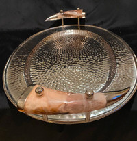 Hand Hammered Metal Serving Tray with Horn Handles