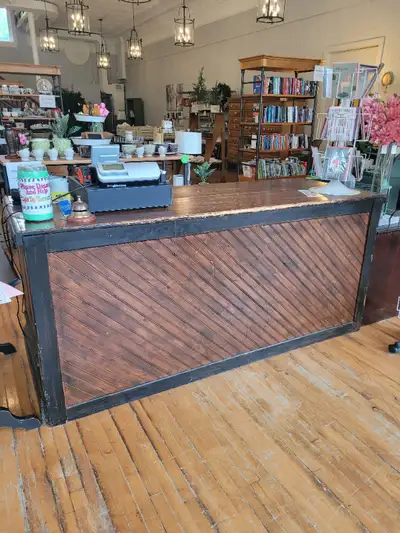 Used as a cash counter Antique 9 large drawers Measures- 80" L x 30.5" W x 36" H Located in Marmora...