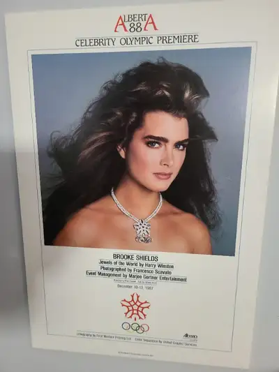 BROOKE SHIELDS modelling a $3M necklace of the 1988 Calgary Olympics logo, designed by famed jewelle...